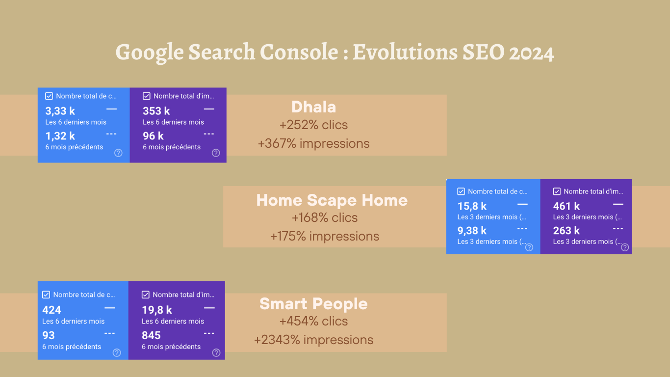 Résultats Google Search Console — Dhala, Home Scape Home, Smart People